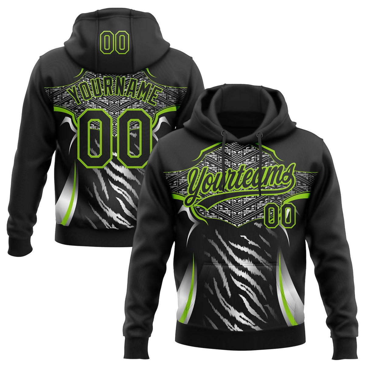 Custom Stitched Black Neon Green-White 3D Pattern Design E-sports Pullover Sweatshirt Hoodie