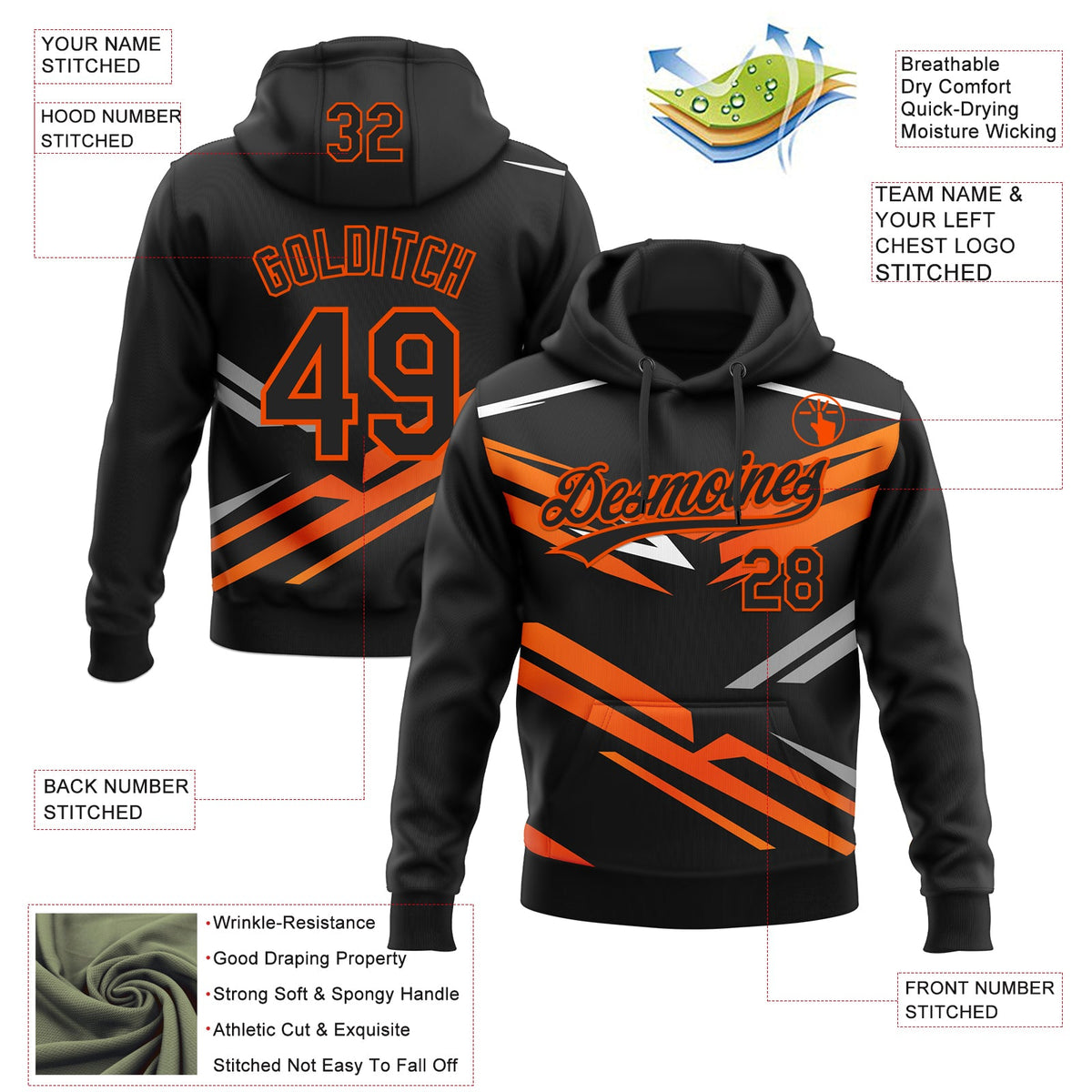 Custom Stitched Black Orange-White 3D Pattern Design E-sports Pullover Sweatshirt Hoodie