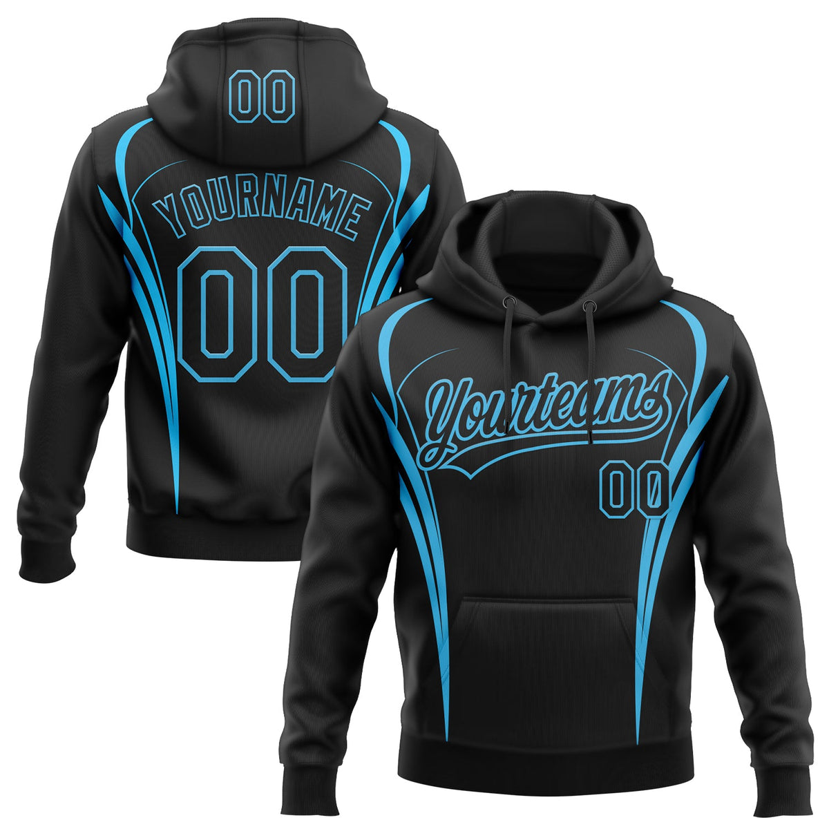 Custom Stitched Black Sky Blue 3D Pattern Design E-sports Pullover Sweatshirt Hoodie