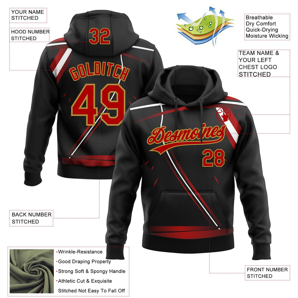 Custom Stitched Black Red Old Gold-White 3D Pattern Design E-sports Pullover Sweatshirt Hoodie