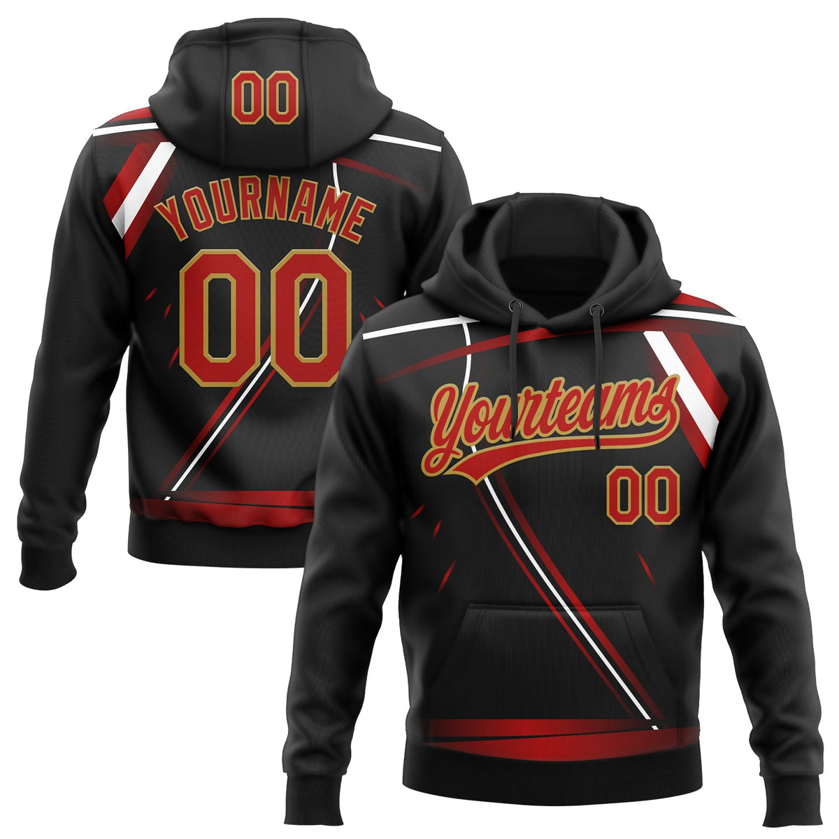 Custom Stitched Black Red Old Gold-White 3D Pattern Design E-sports Pullover Sweatshirt Hoodie
