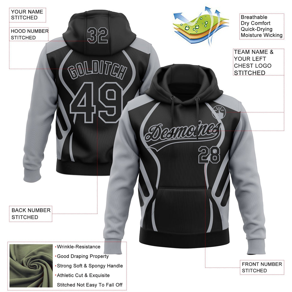 Custom Stitched Black Gray 3D Pattern Design E-sports Pullover Sweatshirt Hoodie