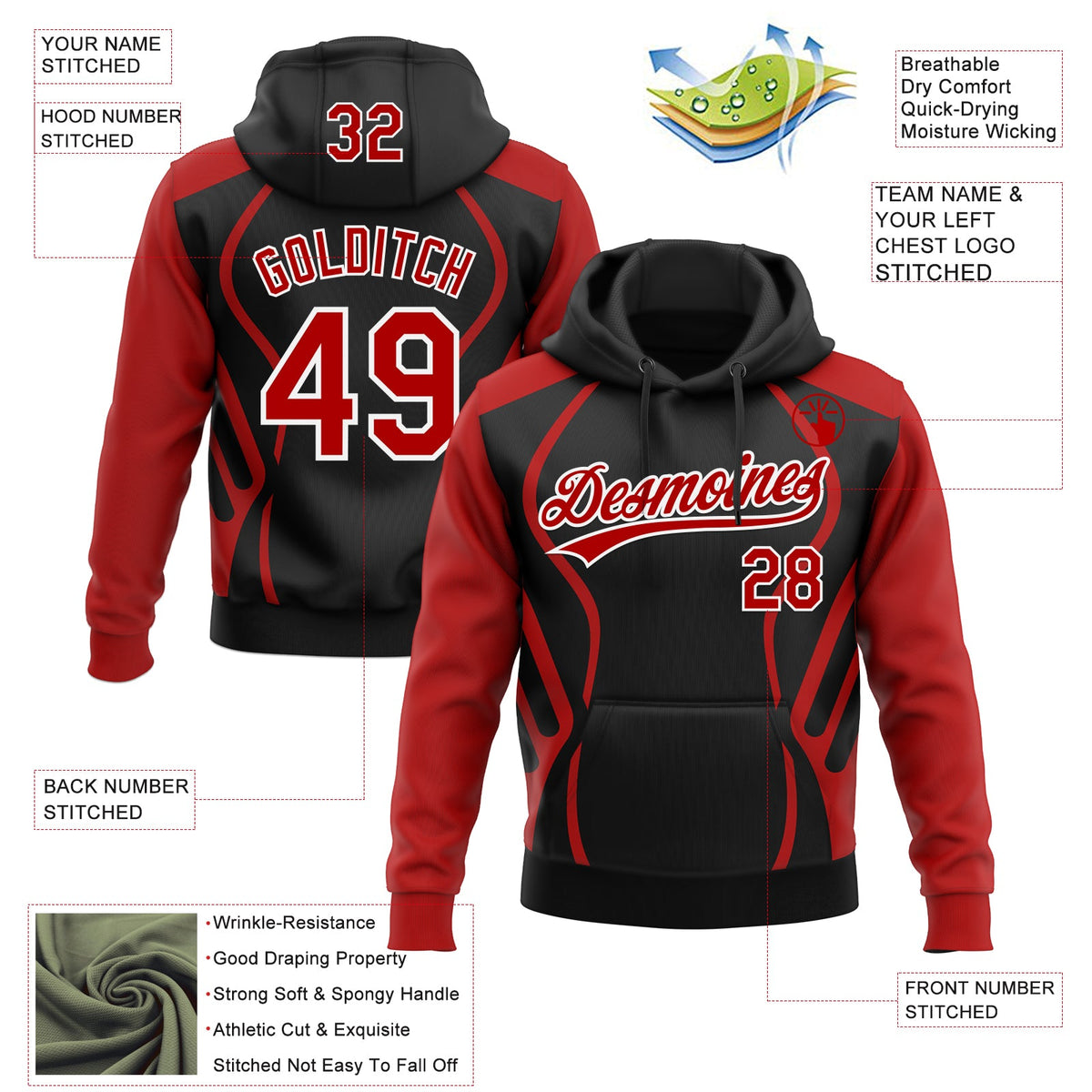Custom Stitched Black Red-White 3D Pattern Design E-sports Pullover Sweatshirt Hoodie