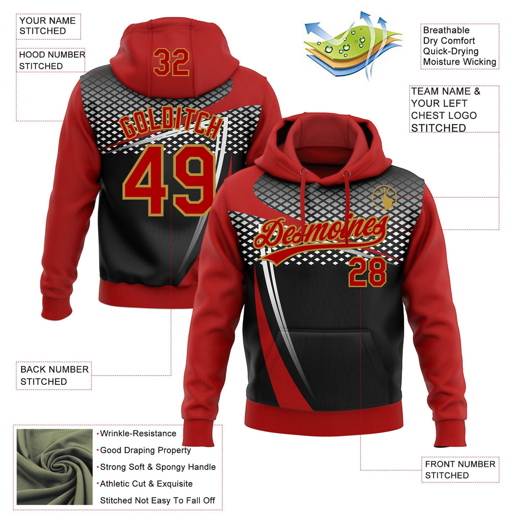 Custom Stitched Red Black Old Gold-White 3D Pattern Design E-sports Pullover Sweatshirt Hoodie