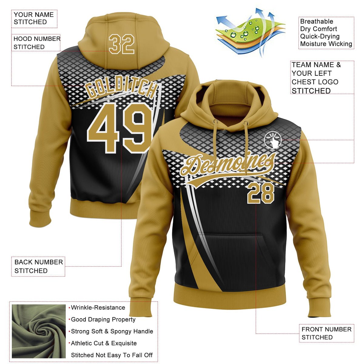 Custom Stitched Old Gold Black-White 3D Pattern Design E-sports Pullover Sweatshirt Hoodie