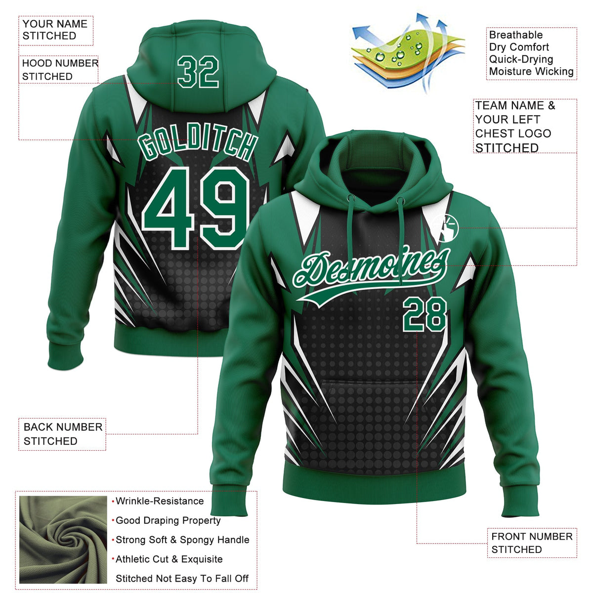 Custom Stitched Kelly Green Black-White 3D Pattern Design E-sports Pullover Sweatshirt Hoodie