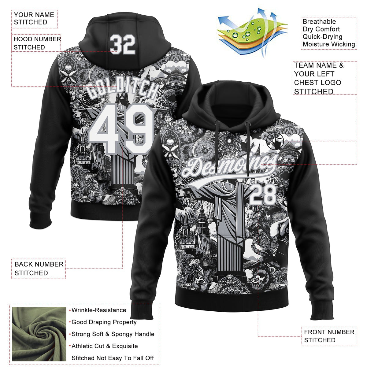Custom Stitched Black White-Gray 3D Pattern Design Religion Jesus Christ Pullover Sweatshirt Hoodie