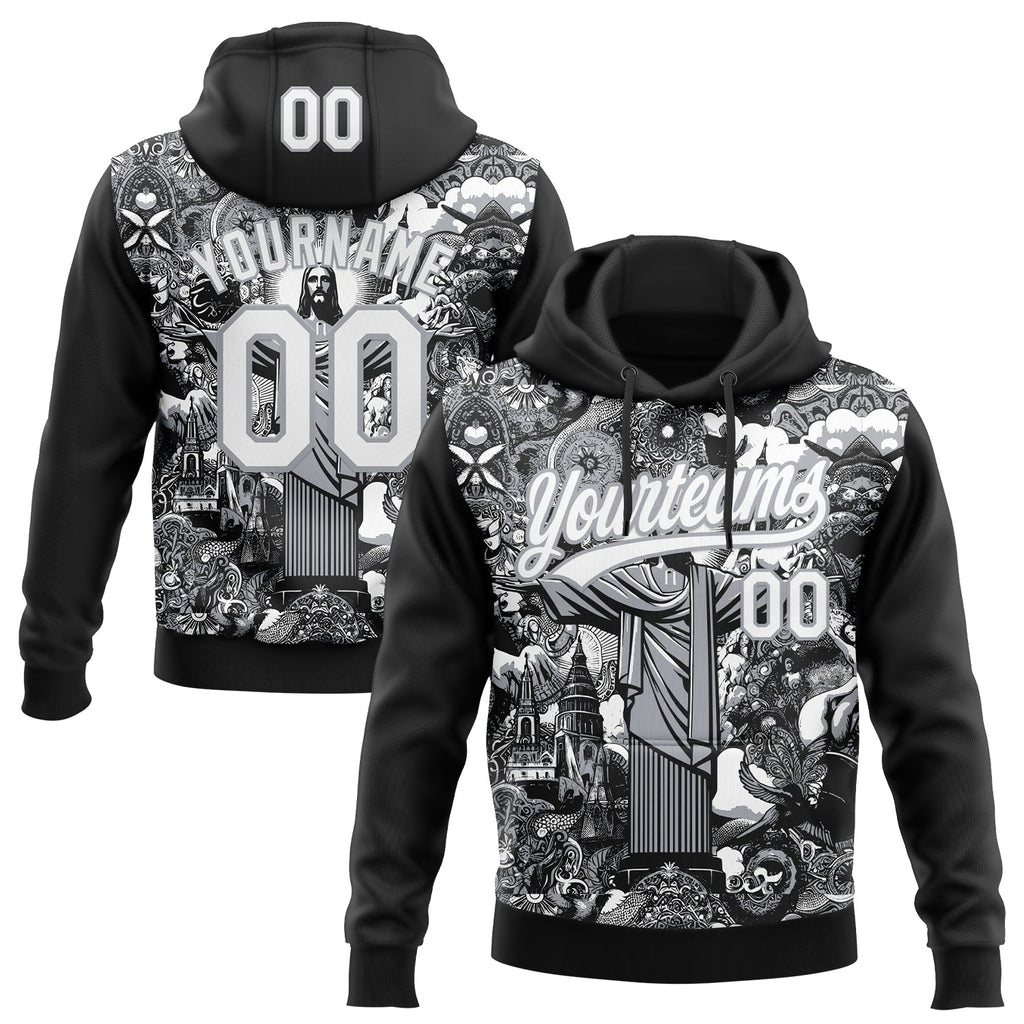 Custom Stitched Black White-Gray 3D Pattern Design Religion Jesus Christ Pullover Sweatshirt Hoodie