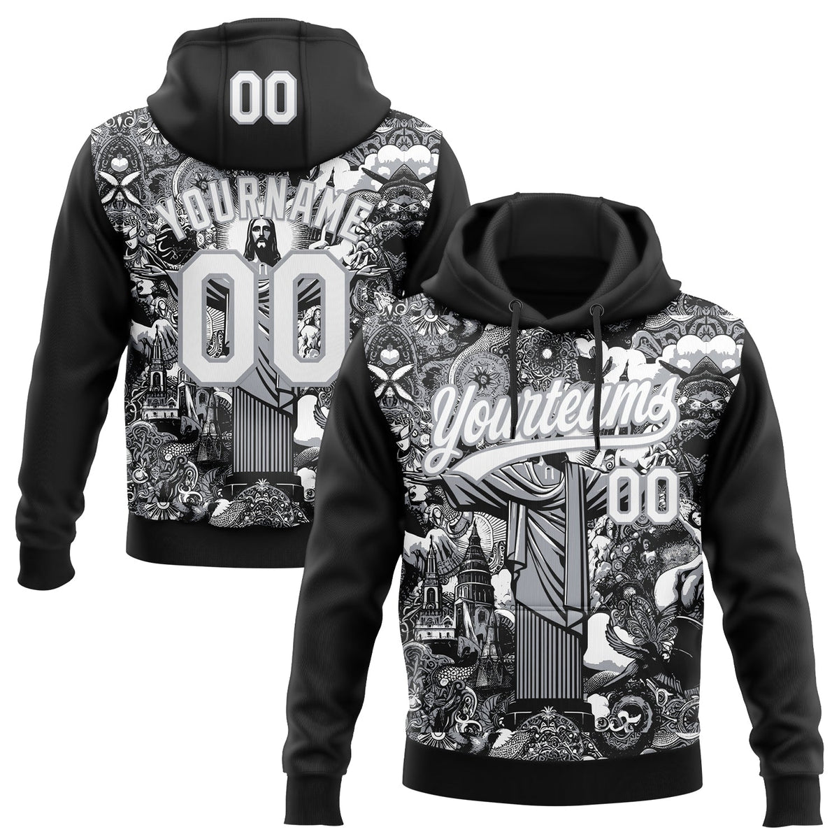 Custom Stitched Black White-Gray 3D Pattern Design Religion Jesus Christ Pullover Sweatshirt Hoodie