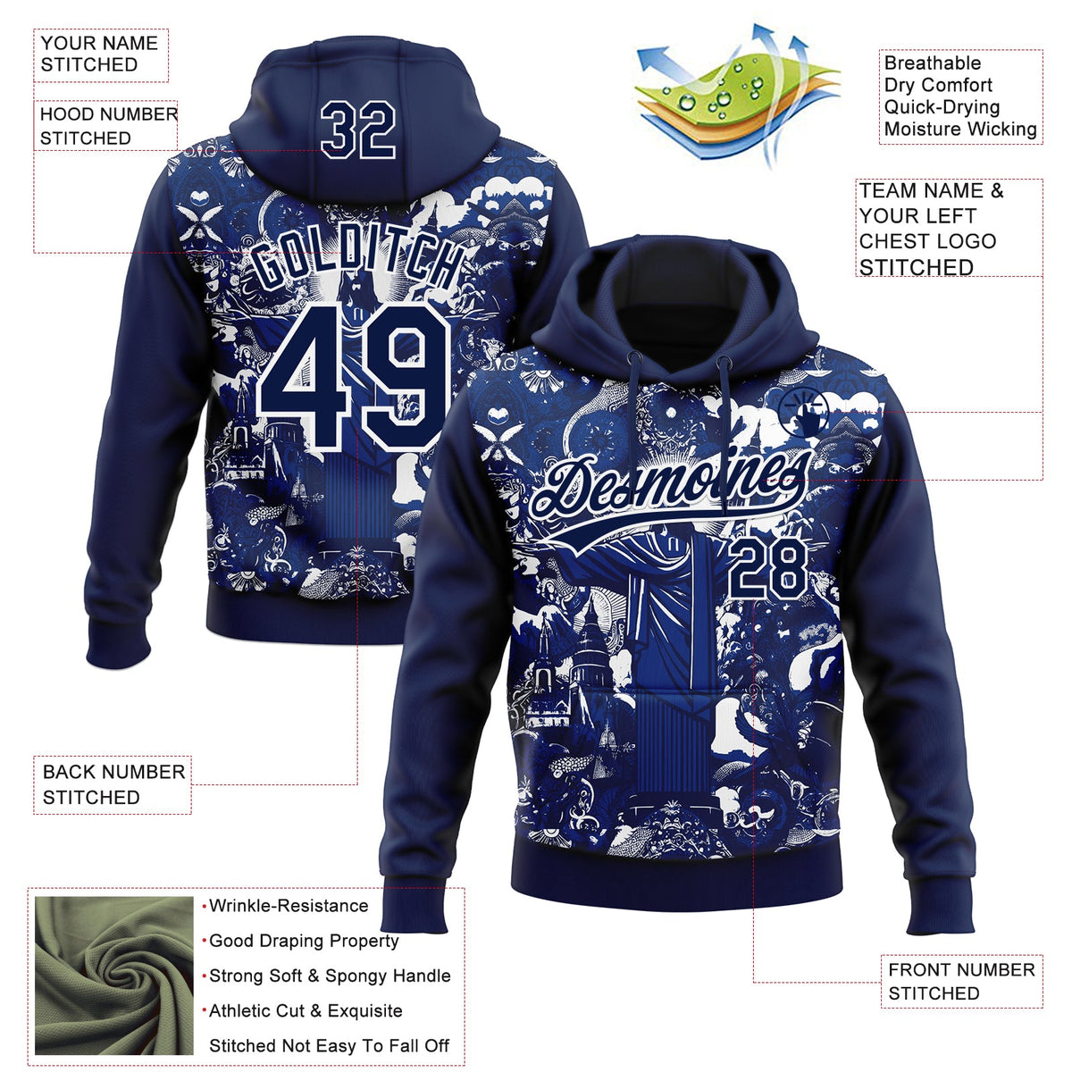 Custom Stitched Navy Royal-White 3D Pattern Design Religion Jesus Christ Pullover Sweatshirt Hoodie