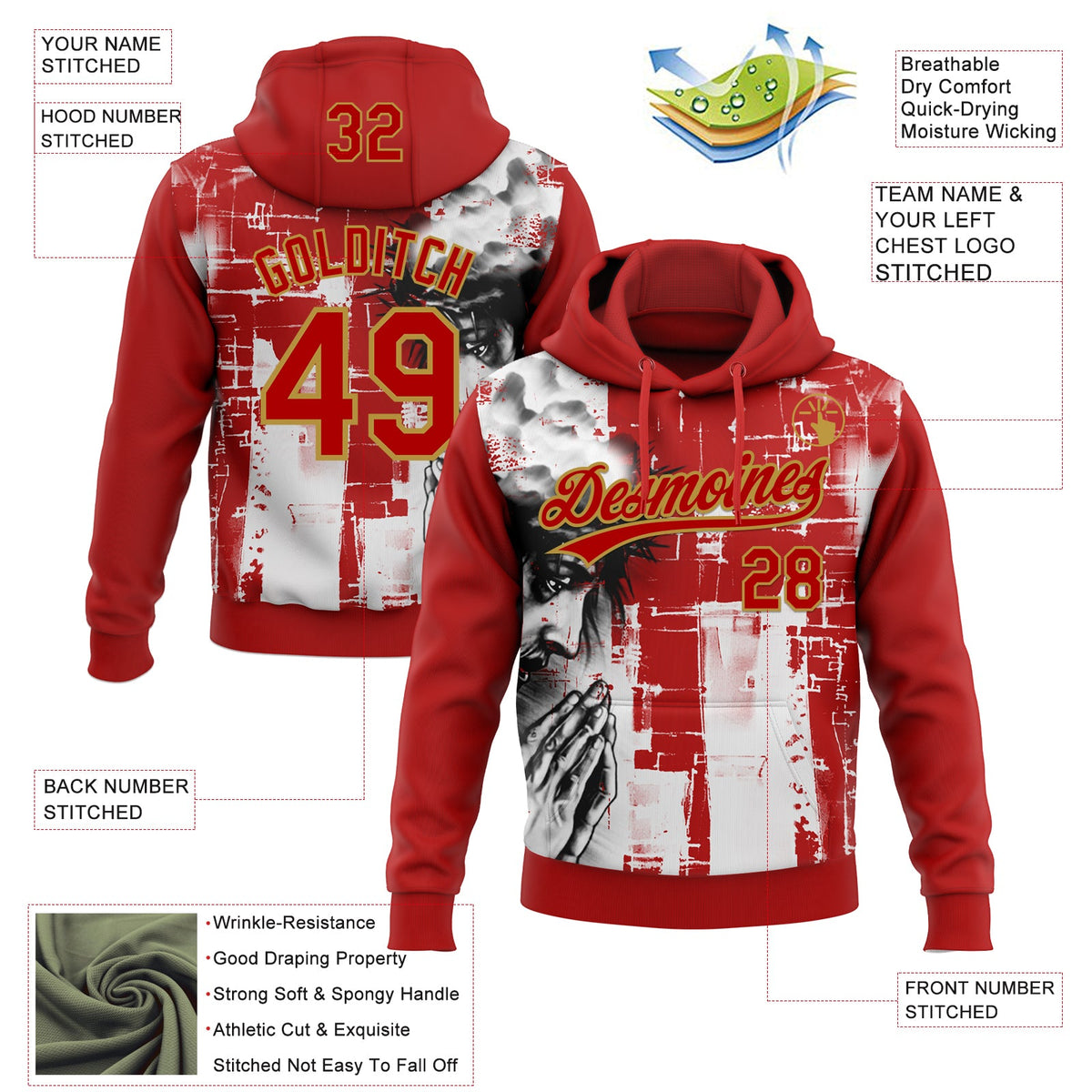 Custom Stitched Red Old Gold Black-White 3D Pattern Design Religion Jesus Christ Pullover Sweatshirt Hoodie