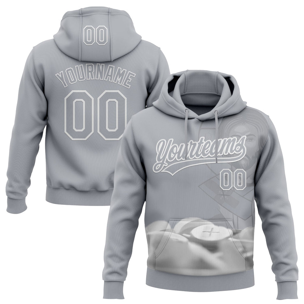 Custom Stitched Gray White 3D Pattern Design Religion Jesus Christ Pullover Sweatshirt Hoodie