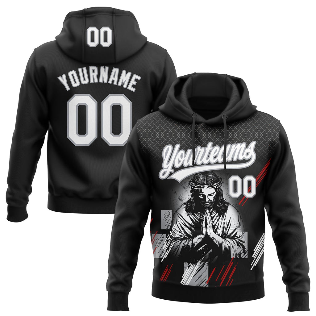 Custom Stitched Black White Gray-Red 3D Pattern Design Religion Jesus Christ Pullover Sweatshirt Hoodie