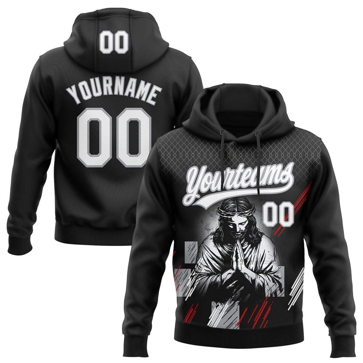 Custom Stitched Black White Gray-Red 3D Pattern Design Religion Jesus Christ Pullover Sweatshirt Hoodie