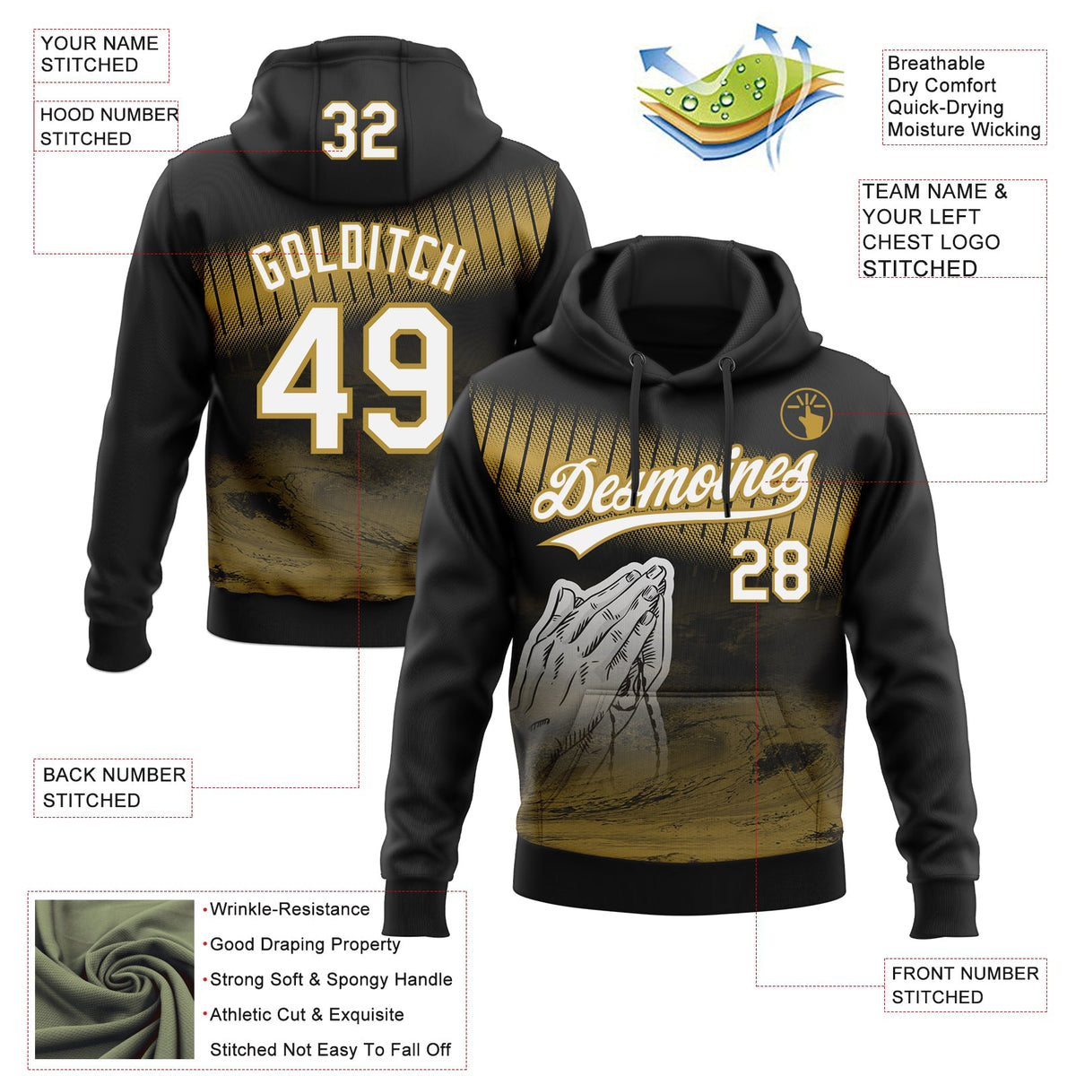 Custom Stitched Black White-Old Gold 3D Pattern Design Religion Praying Hands Pullover Sweatshirt Hoodie