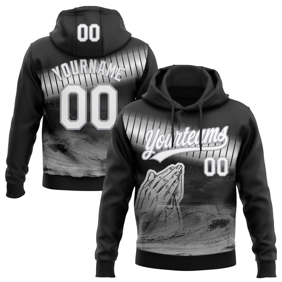 Custom Stitched Black White-Gray 3D Pattern Design Religion Praying Hands Pullover Sweatshirt Hoodie