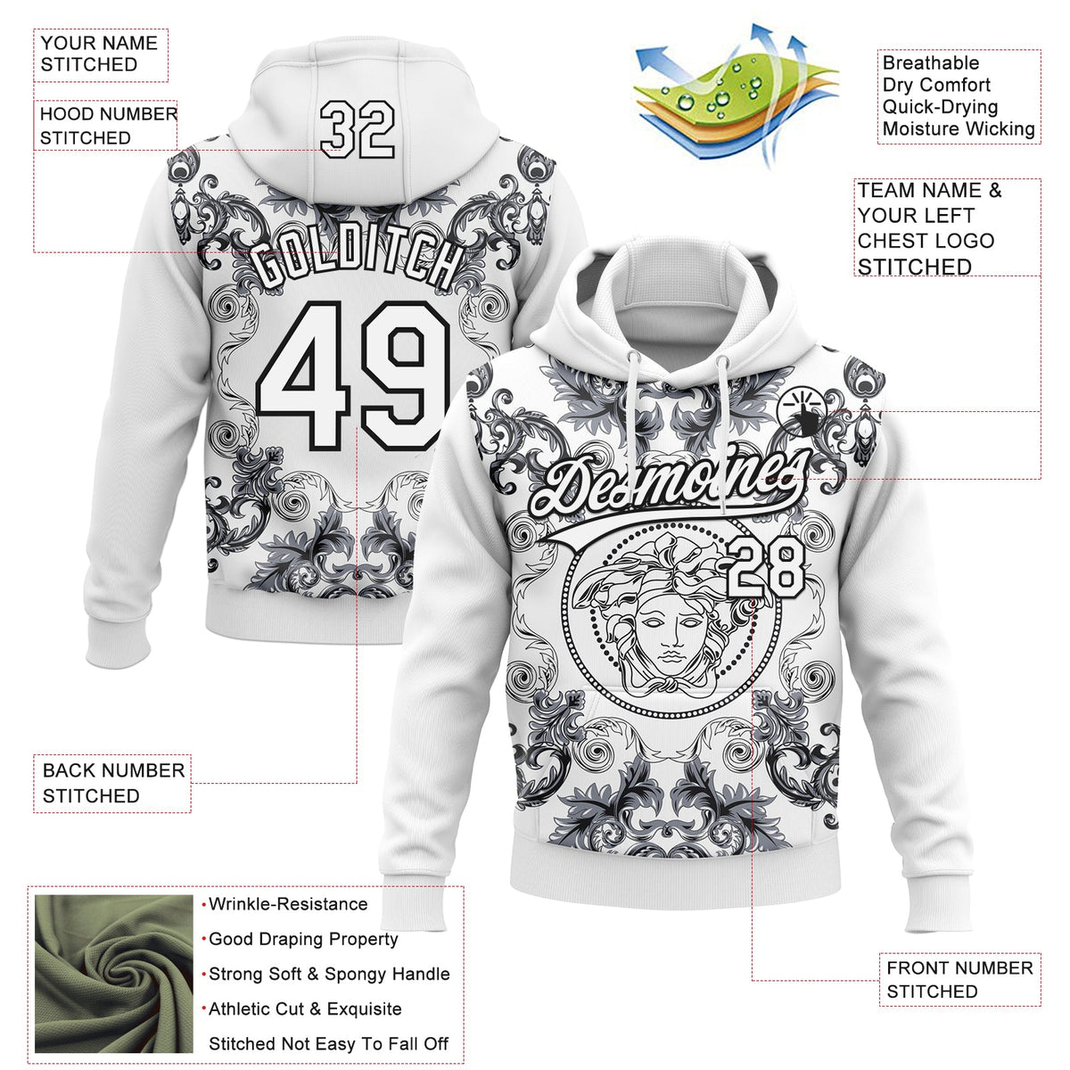 Custom Stitched White Black 3D Pattern Design Medusa Pullover Sweatshirt Hoodie