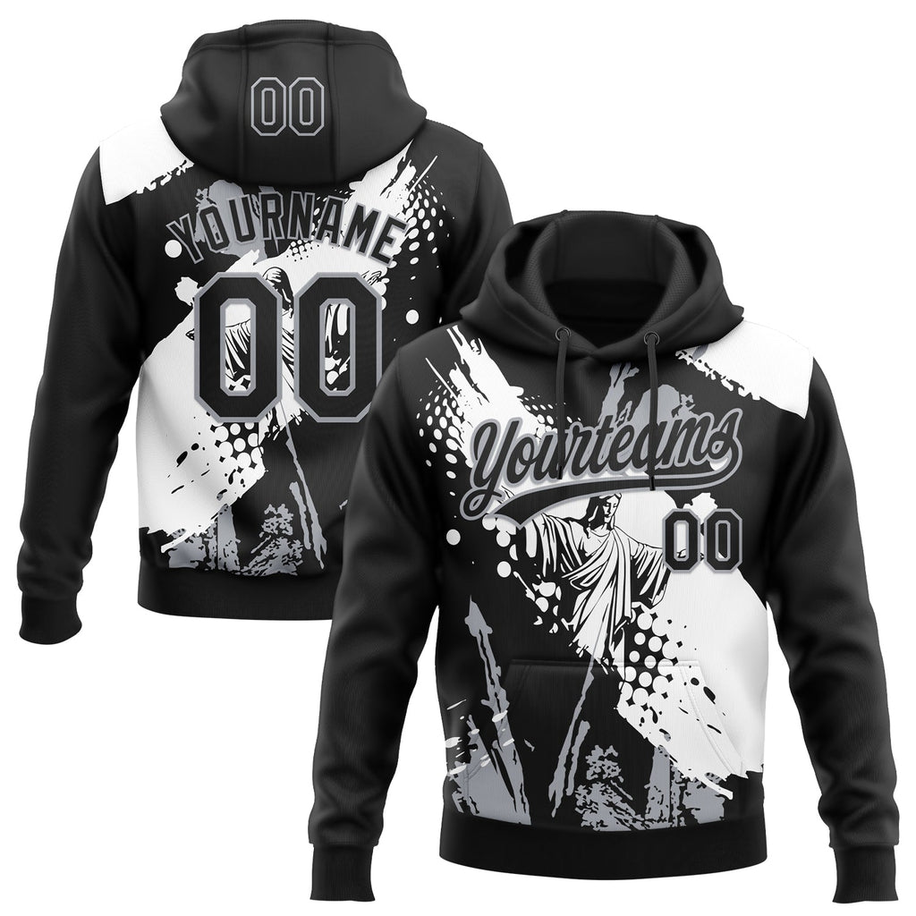 Custom Stitched Black White-Gray 3D Pattern Design Religion Jesus Christ Pullover Sweatshirt Hoodie