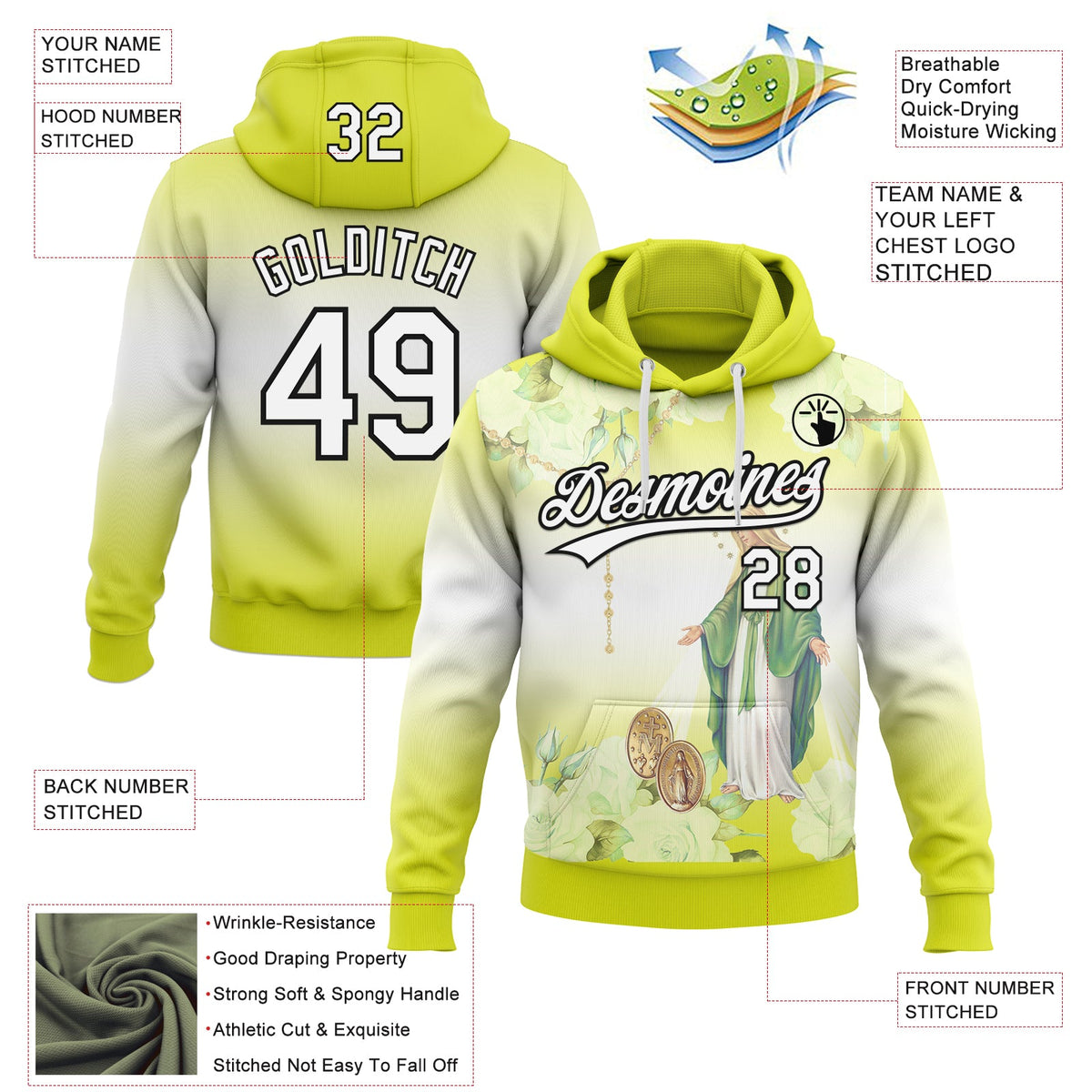 Custom Stitched Neon Yellow White-Black 3D Pattern Design Religion The Virgin Mary Pullover Sweatshirt Hoodie