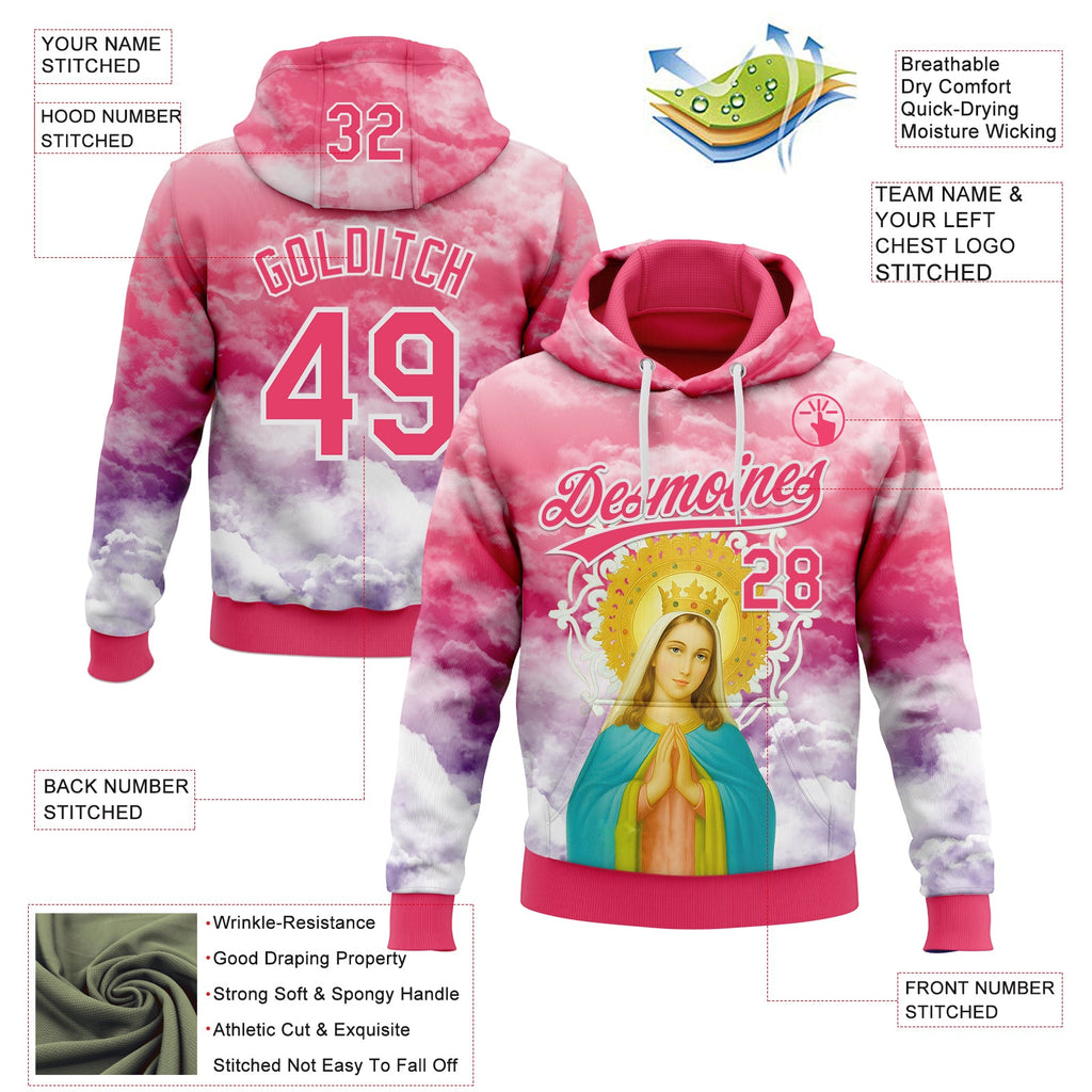 Custom Stitched Neon Pink Purple-White 3D Pattern Design Religion The Virgin Mary Pullover Sweatshirt Hoodie
