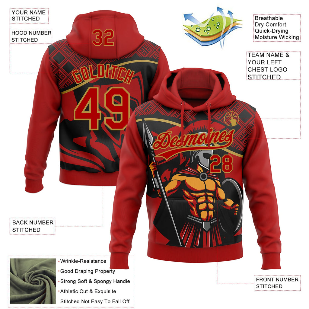 Custom Stitched Red Black-Old Gold 3D Pattern Design Knight Pullover Sweatshirt Hoodie