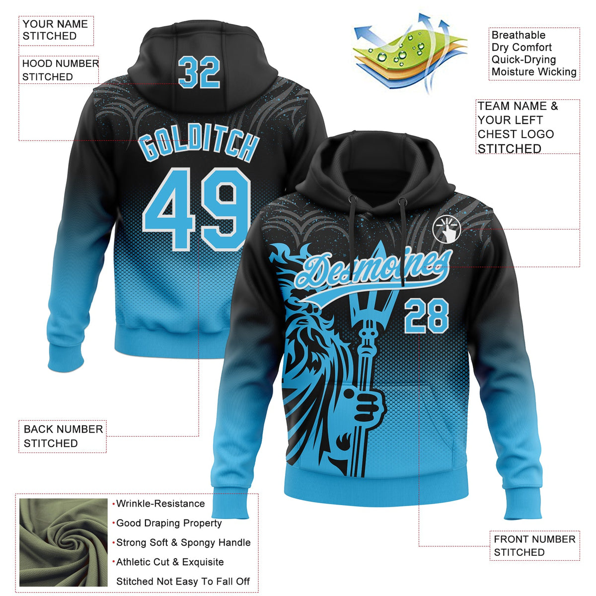 Custom Stitched Black Sky Blue-White 3D Pattern Design Knight Pullover Sweatshirt Hoodie