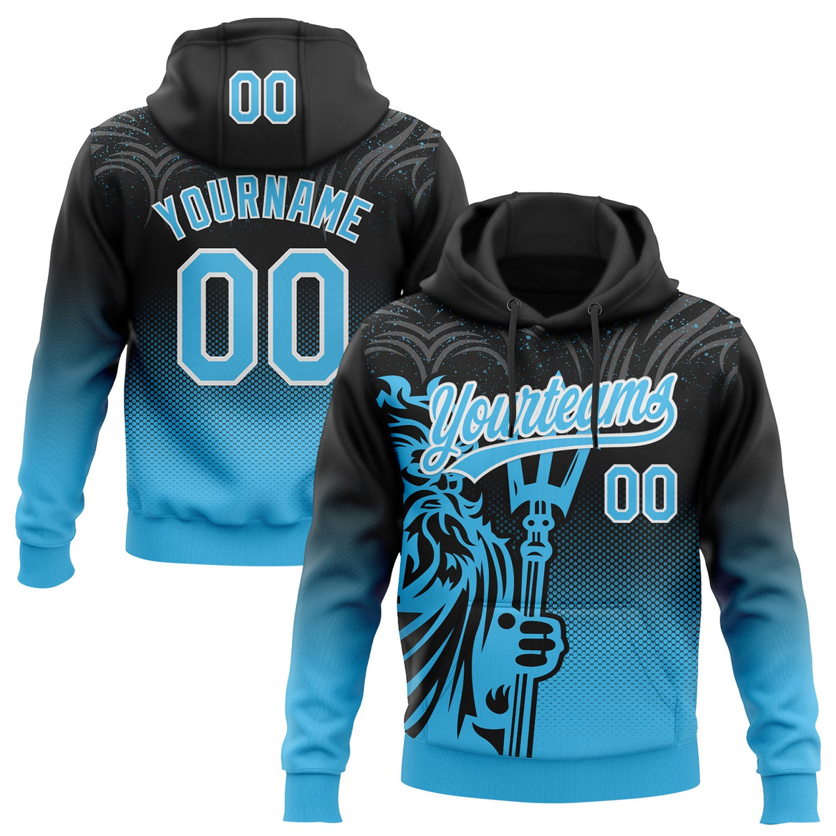 Custom Stitched Black Sky Blue-White 3D Pattern Design Knight Pullover Sweatshirt Hoodie