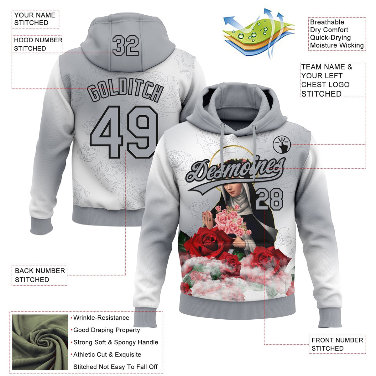 Custom Stitched Gray Black-White 3D Pattern Design Religion The Virgin Mary Pullover Sweatshirt Hoodie