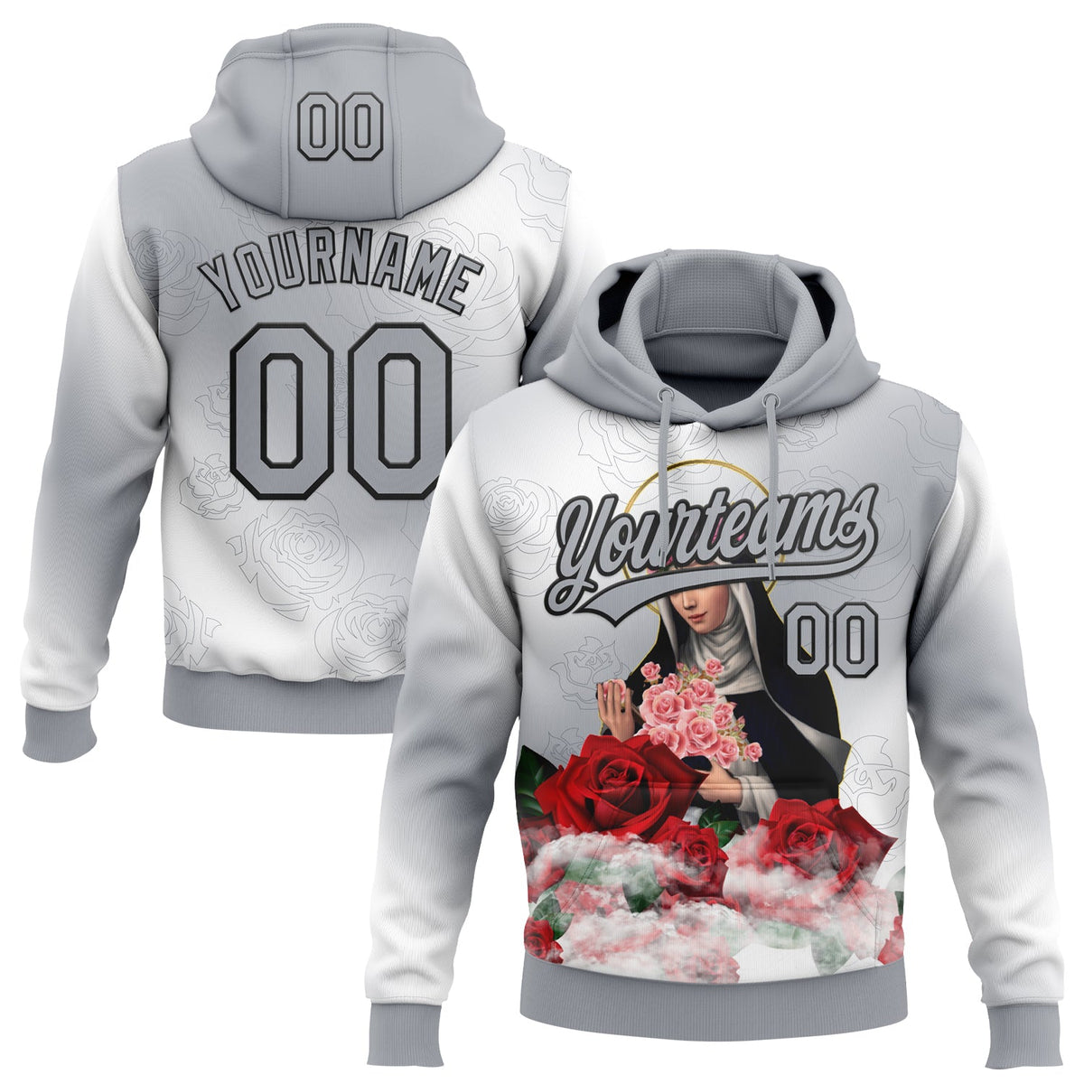 Custom Stitched Gray Black-White 3D Pattern Design Religion The Virgin Mary Pullover Sweatshirt Hoodie