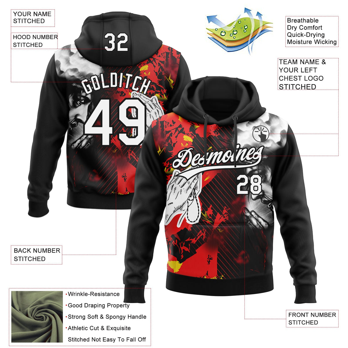Custom Stitched Black White-Fire Red 3D Pattern Design Religion Praying Hands Pullover Sweatshirt Hoodie