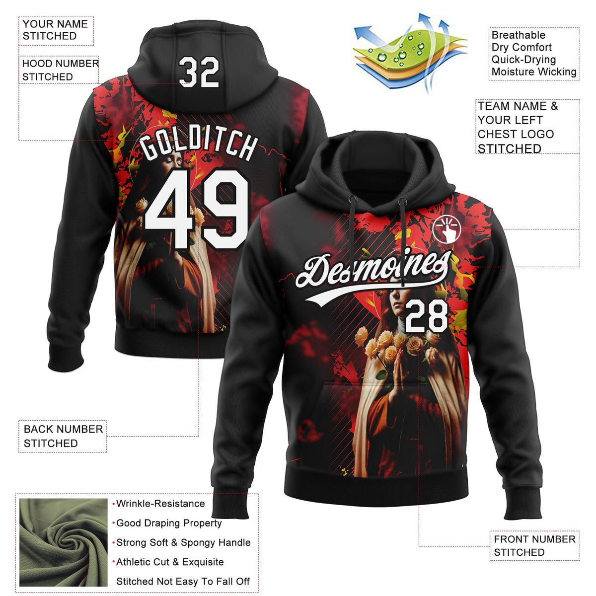 Custom Stitched Black White-Fire Red 3D Pattern Design Religion Praying Hands Pullover Sweatshirt Hoodie
