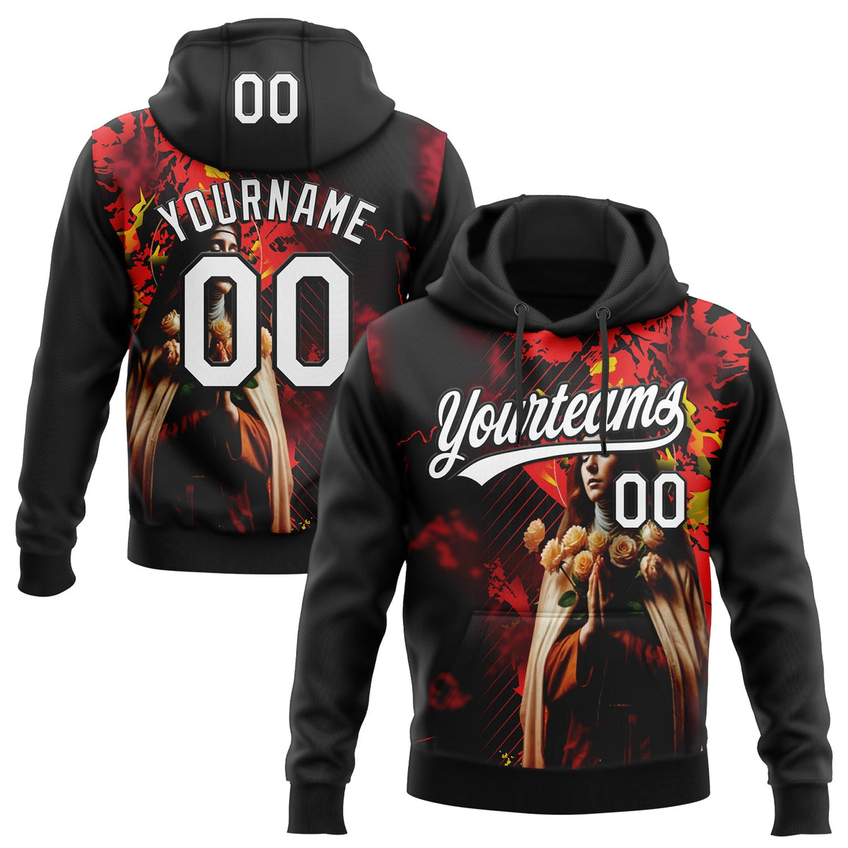 Custom Stitched Black White-Fire Red 3D Pattern Design Religion Praying Hands Pullover Sweatshirt Hoodie