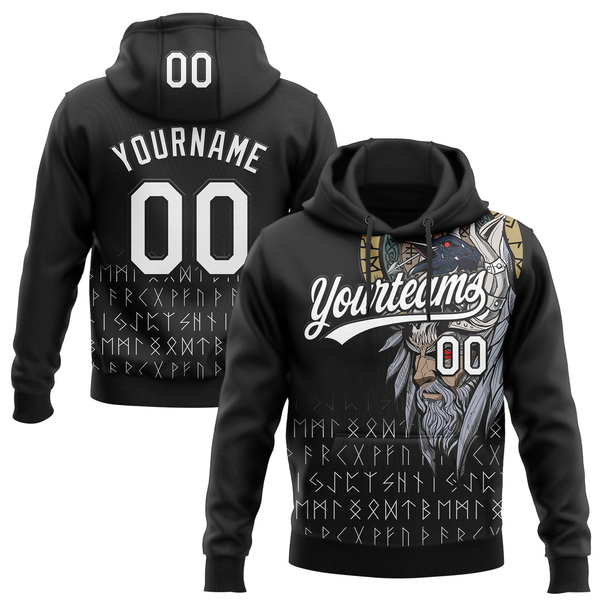 Custom Stitched Black White 3D Pattern Design Viking Pullover Sweatshirt Hoodie