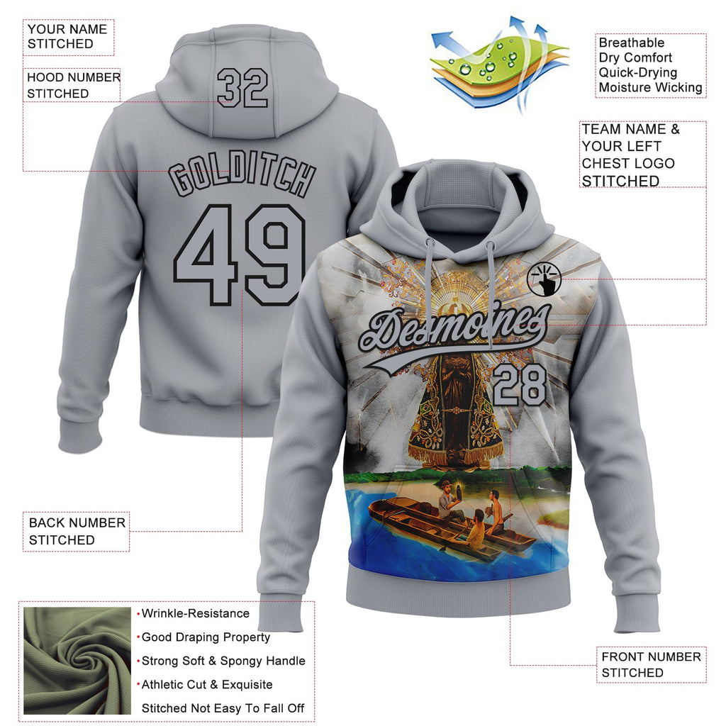 Custom Stitched Gray Black 3D Pattern Design Our Lady Of Aparecida Pullover Sweatshirt Hoodie