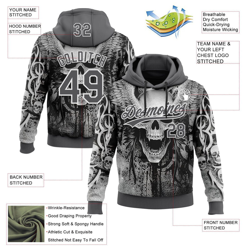 Custom Stitched Steel Gray Black-White 3D Skull Pattern Pullover Sweatshirt Hoodie