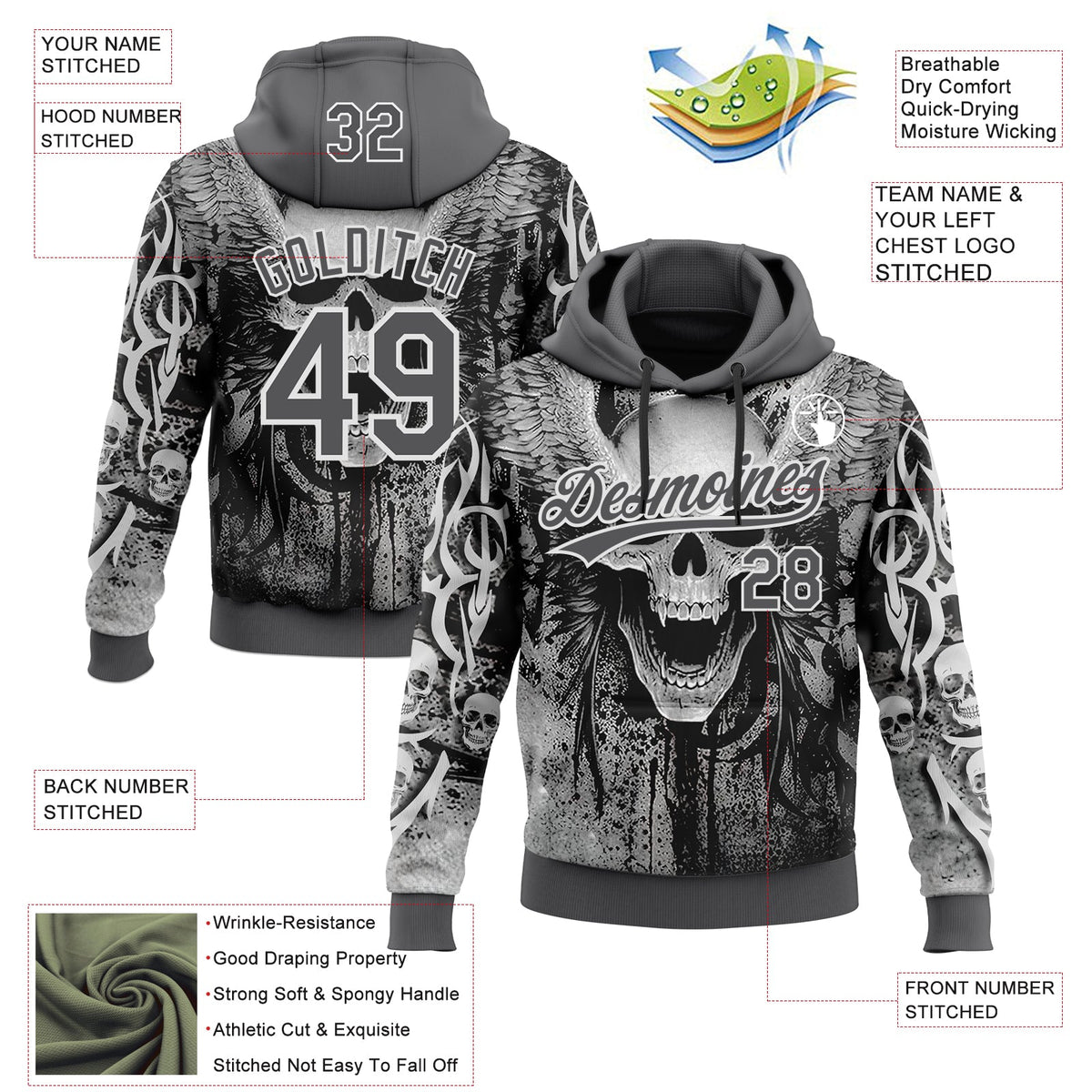 Custom Stitched Steel Gray Black-White 3D Skull Pattern Pullover Sweatshirt Hoodie