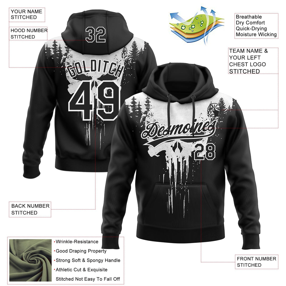 Custom Stitched Black White 3D Skull Pattern Pullover Sweatshirt Hoodie