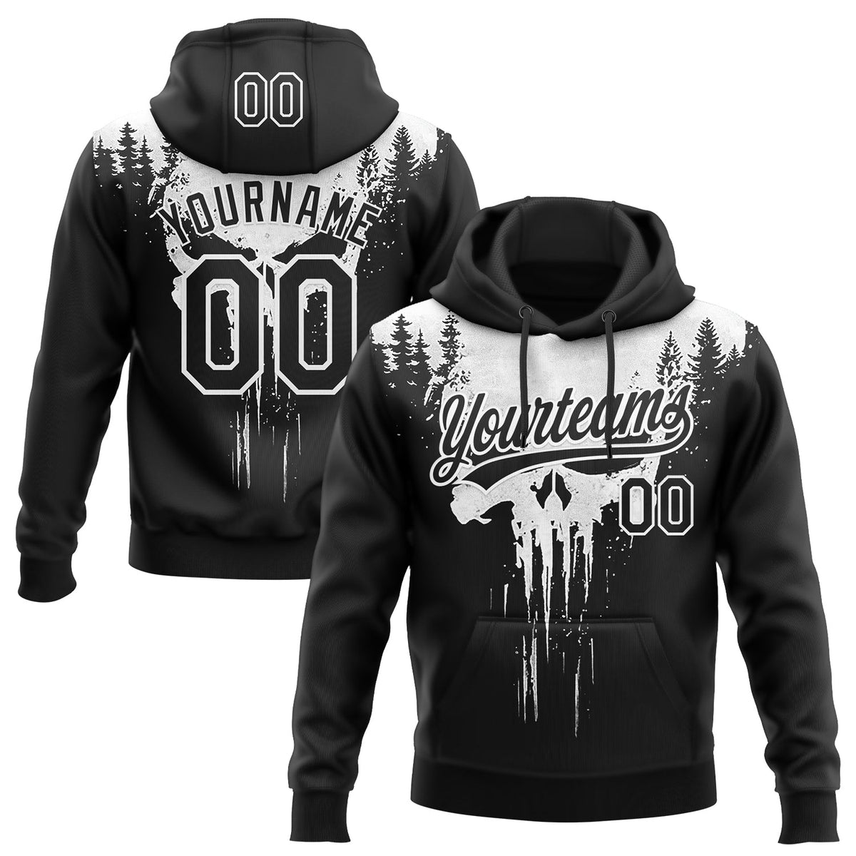 Custom Stitched Black White 3D Skull Pattern Pullover Sweatshirt Hoodie