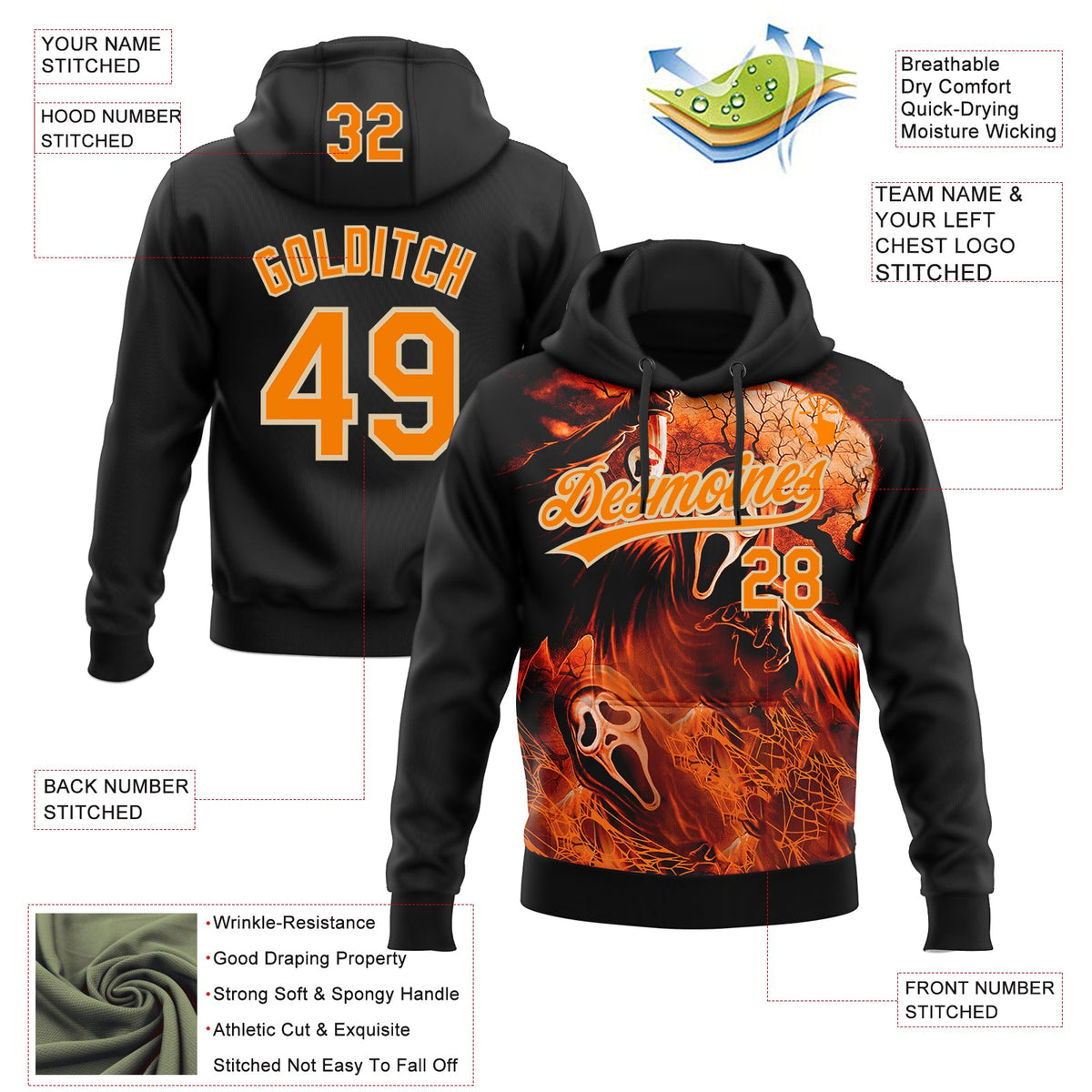 Custom Stitched Black Bay Orange-City Cream 3D Skull Pattern Pullover Sweatshirt Hoodie