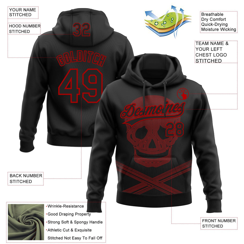 Custom Stitched Black Red 3D Skull Pattern Pullover Sweatshirt Hoodie