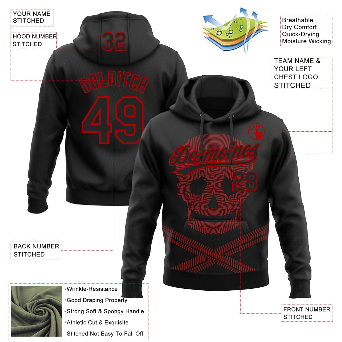 Custom Stitched Black Red 3D Skull Pattern Pullover Sweatshirt Hoodie