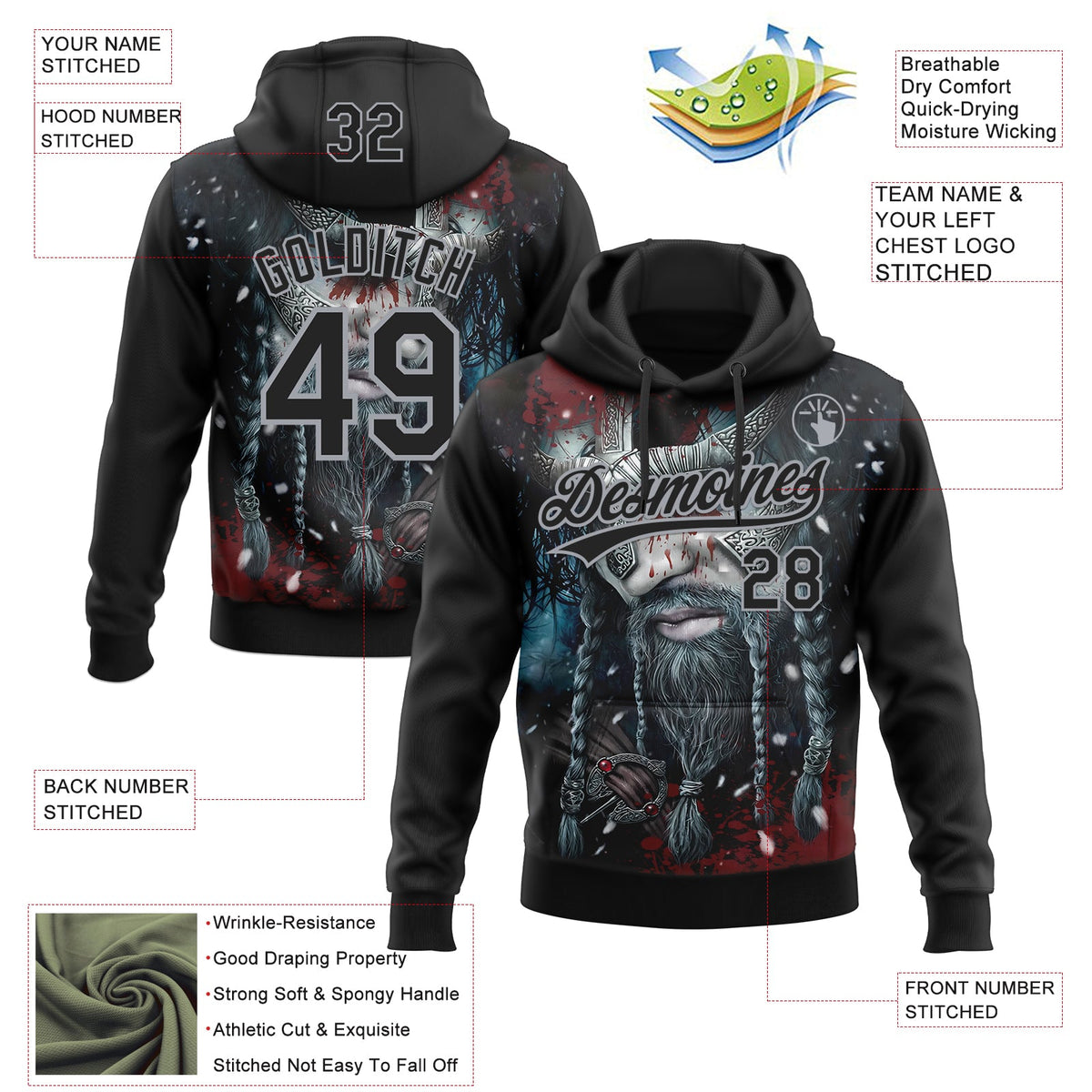 Custom Stitched Black Gray 3D Pattern Design Viking Pullover Sweatshirt Hoodie