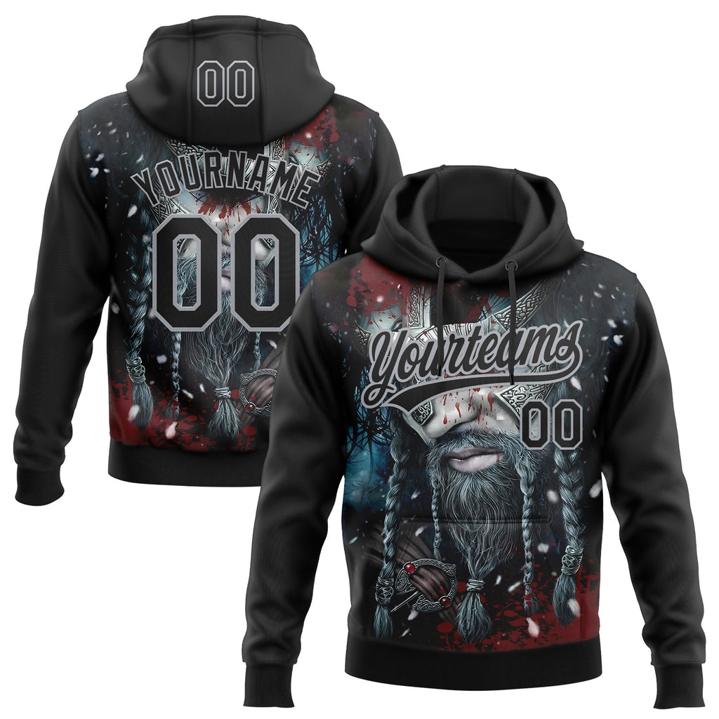 Custom Stitched Black Gray 3D Pattern Design Viking Pullover Sweatshirt Hoodie