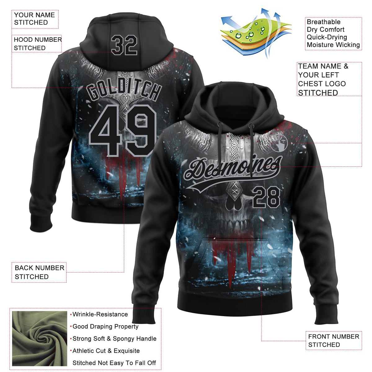 Custom Stitched Black Gray 3D Skull Pattern Pullover Sweatshirt Hoodie