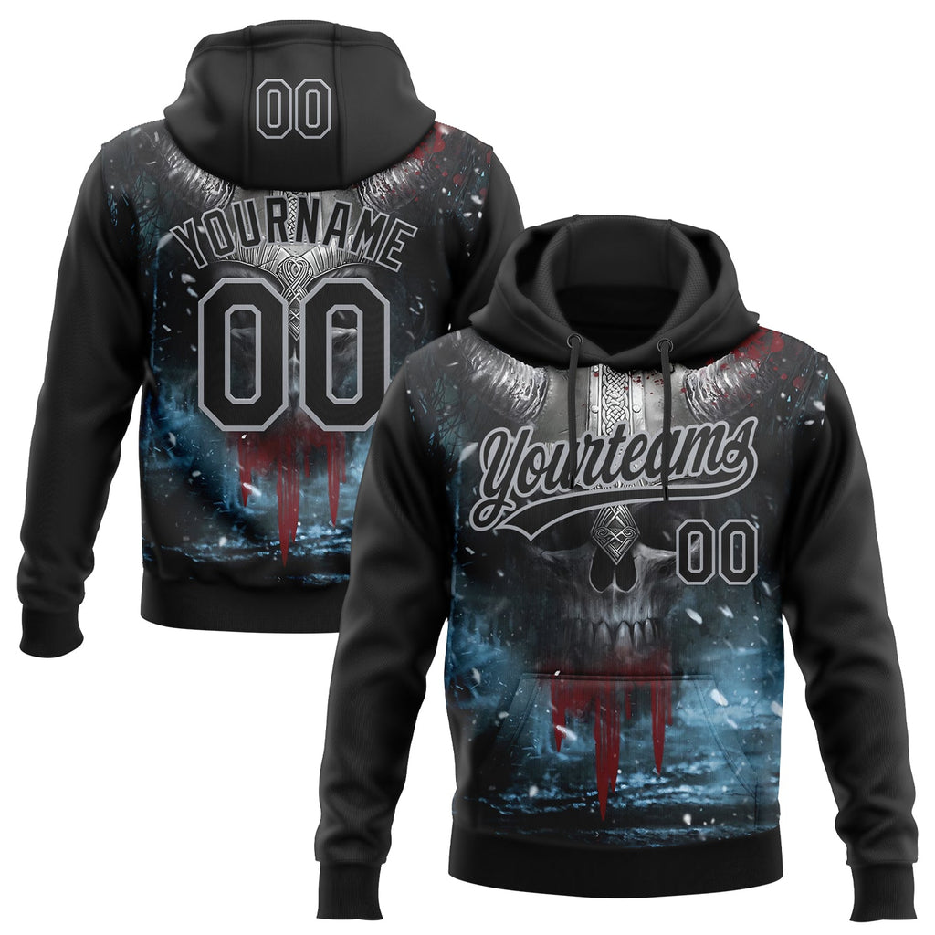 Custom Stitched Black Gray 3D Skull Pattern Pullover Sweatshirt Hoodie