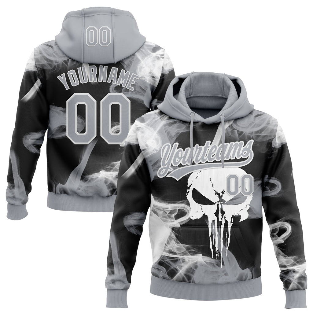 Custom Stitched Gray Black-White 3D Skull Pattern Pullover Sweatshirt Hoodie