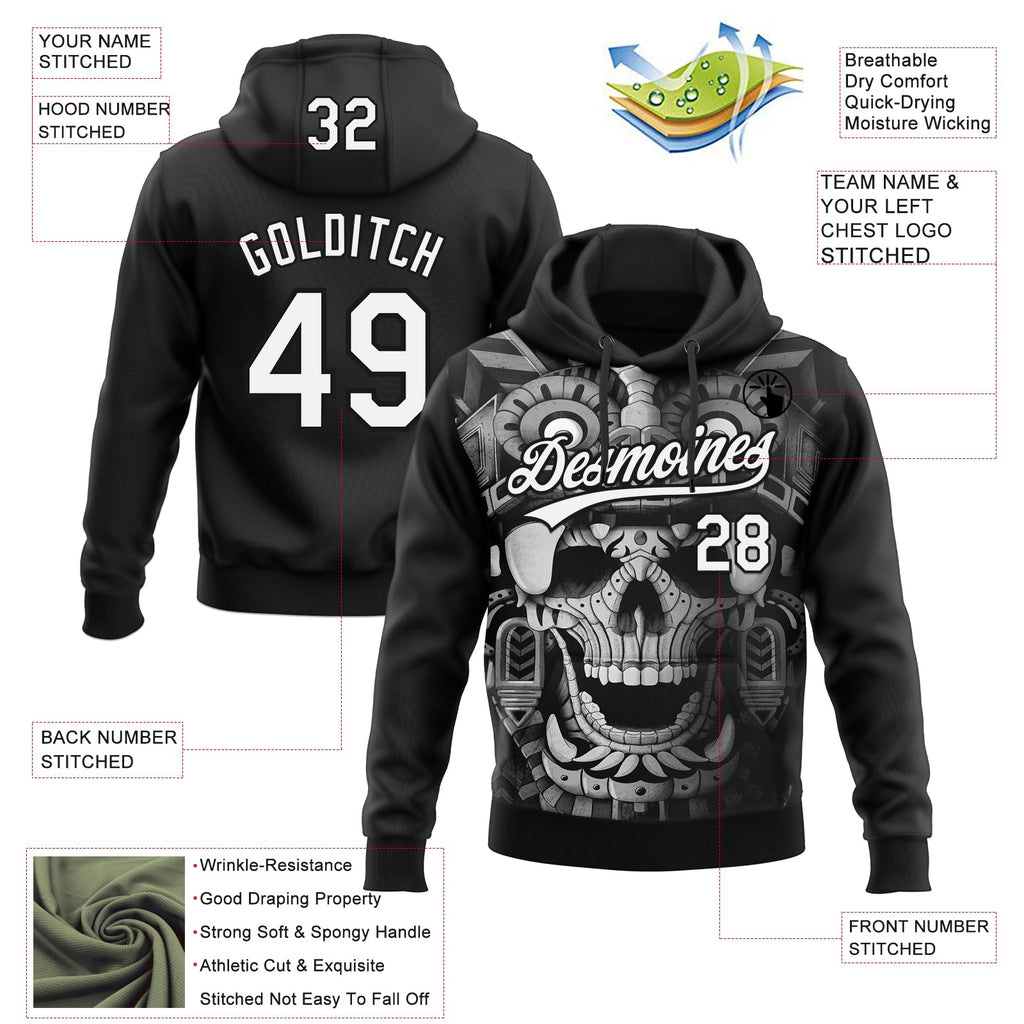 Custom Stitched Black White 3D Skull Pattern Pullover Sweatshirt Hoodie