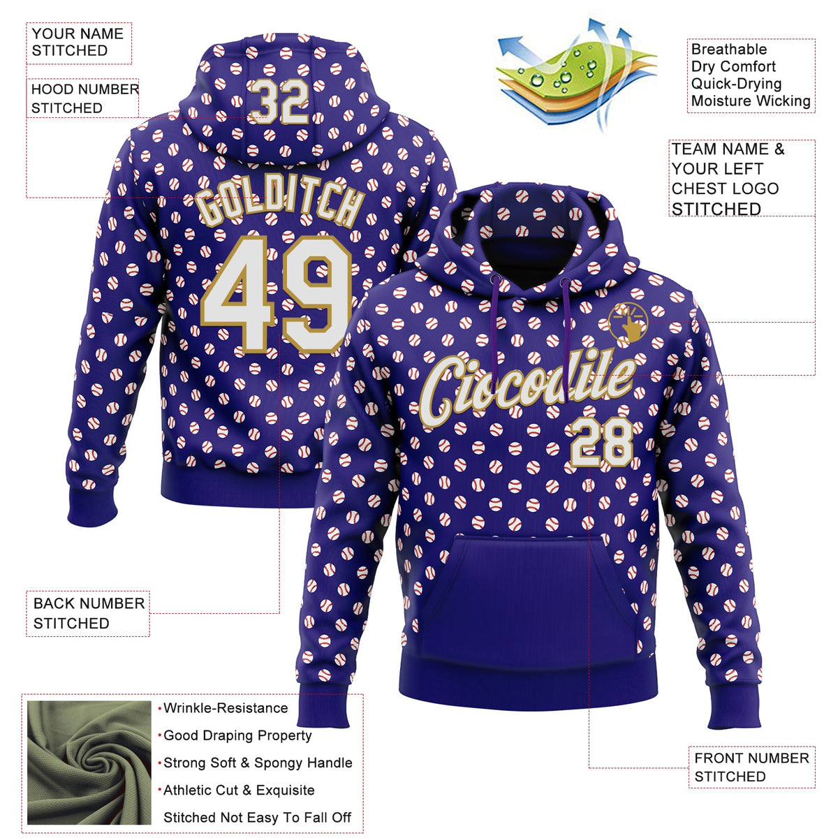 Custom Stitched Dark Purple White-Old Gold 3D Pattern Design Baseball Game Day Baltimore Inspired Sports Pullover Sweatshirt Hoodie