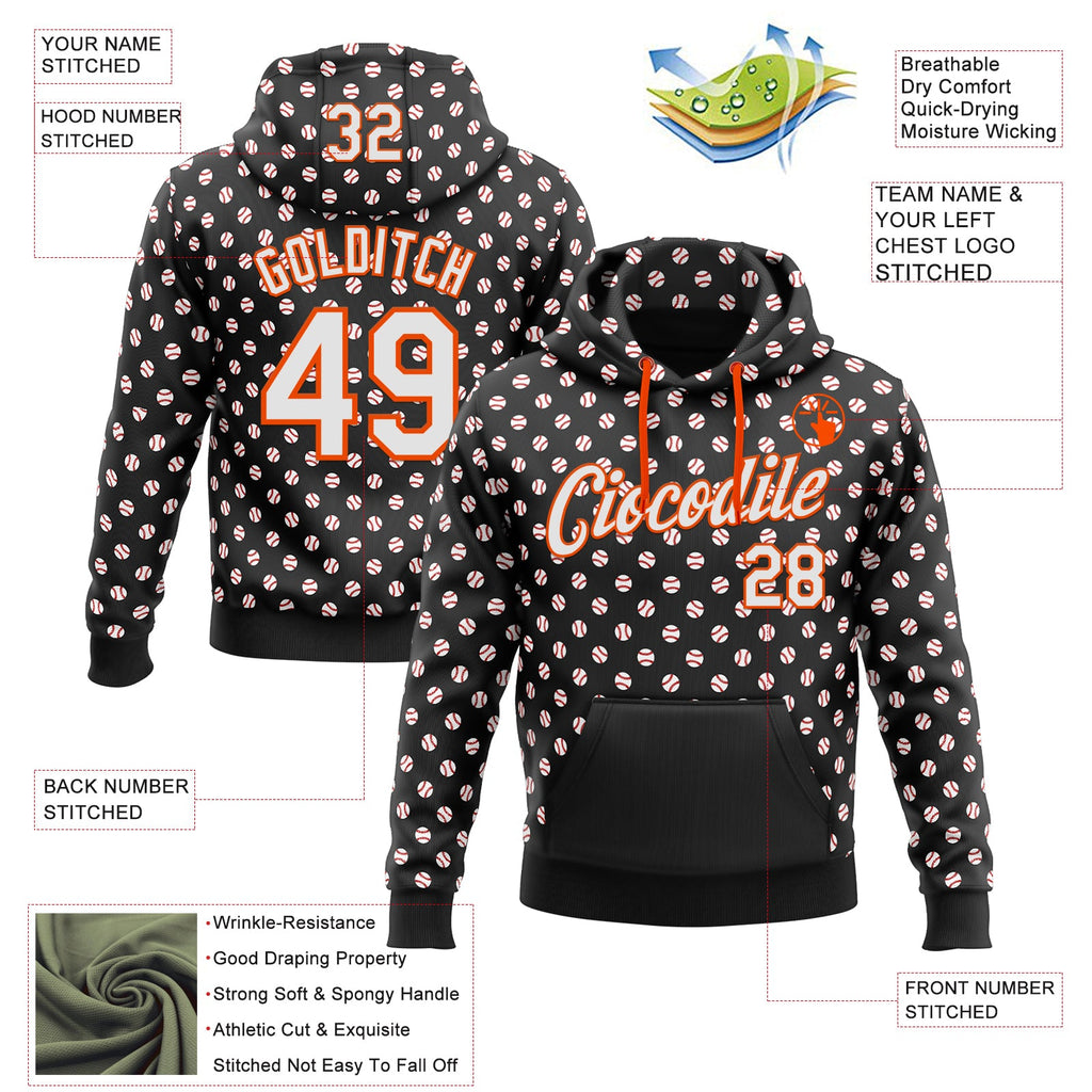 Custom Stitched Black White-Orange 3D Pattern Design Baseball Game Day Cincinnati Inspired Sports Pullover Sweatshirt Hoodie