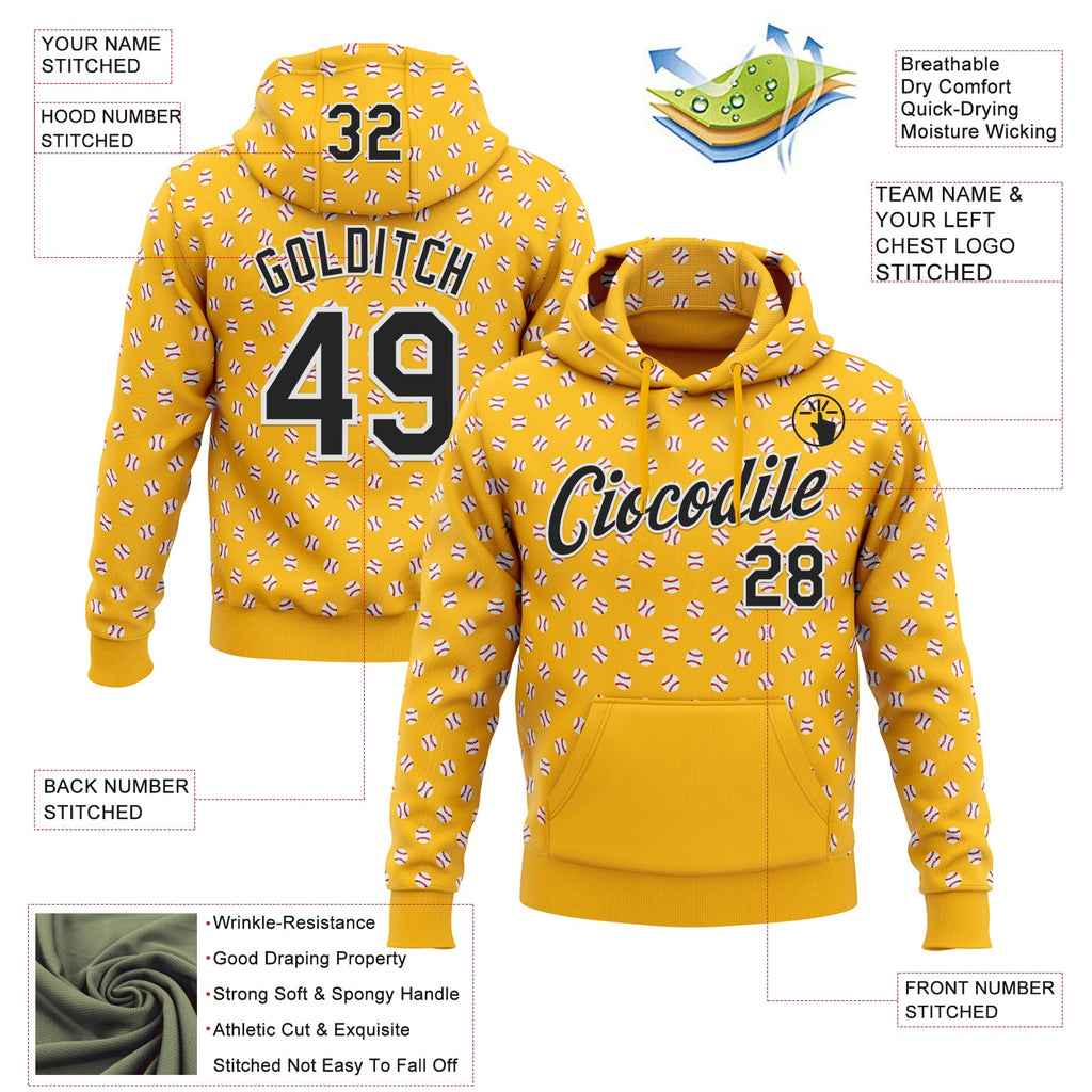 Custom Stitched Gold Black-White 3D Pattern Design Baseball Game Day Pittsburgh Inspired Sports Pullover Sweatshirt Hoodie